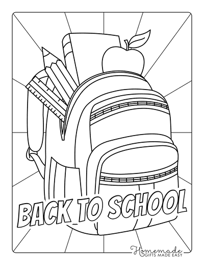 Back to School Coloring Pages School Bag Apple Ruler Books