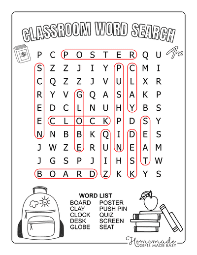 Back to School Word Search Classroom Easy Answers