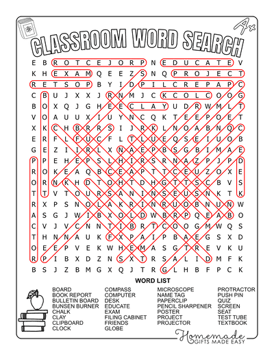 Back to School Word Search Classroom Hard Answers