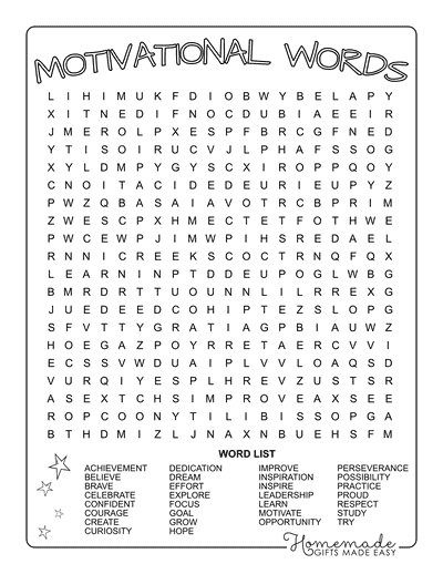 Back to School Word Search Motivational Words Hard