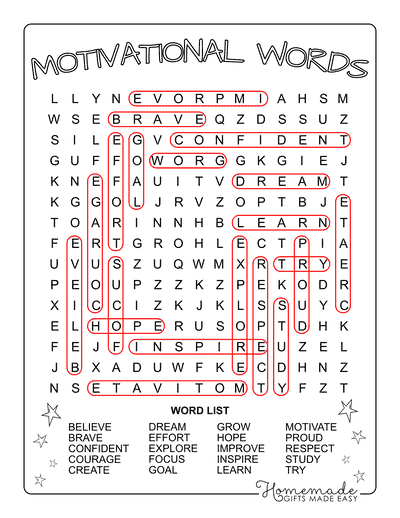 Back to School Word Search Motivational Words Medium Answers