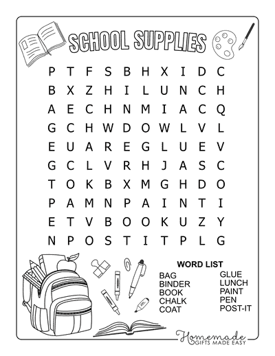 Back to School Word Search School Supplies Easy