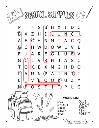 Back to School Word Search School Supplies Easy Answers