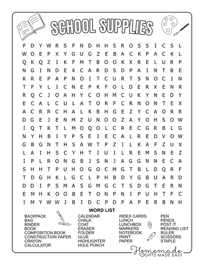 Back to School Word Search School Supplies Hard