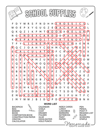 Back to School Word Search School Supplies Hard Answers