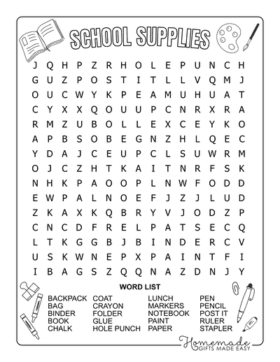 Back to School Word Search School Supplies Medium