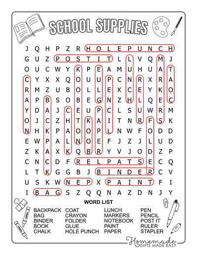 Back to School Word Search School Supplies Medium Answers