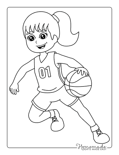 Basketball Coloring Pages Easy Basketball Girl Dribbling Isolated