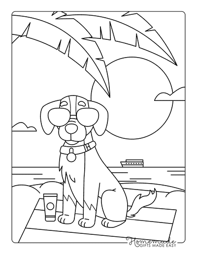 Beach Coloring Pages Cute Dog Wearing Sunglasses at the Beach