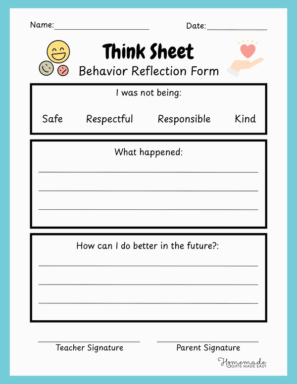 Behavior Chart for Kids Playful Think Sheet Behavior Reflection Worksheet