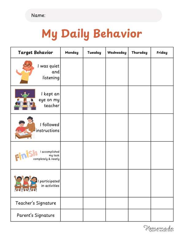 Behavior Chart for Kids Simple Illustrative Characters Behavior Chart