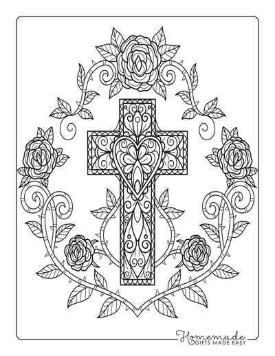 Bible Coloring Pages Intricate Cross With Roses for Adults