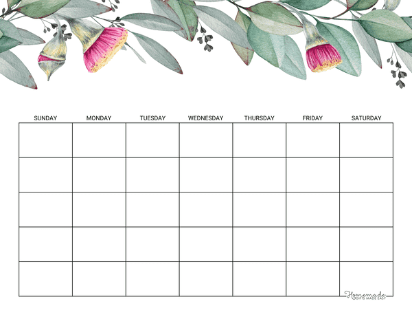 Blank Calendar Eucalyptus 5 Row