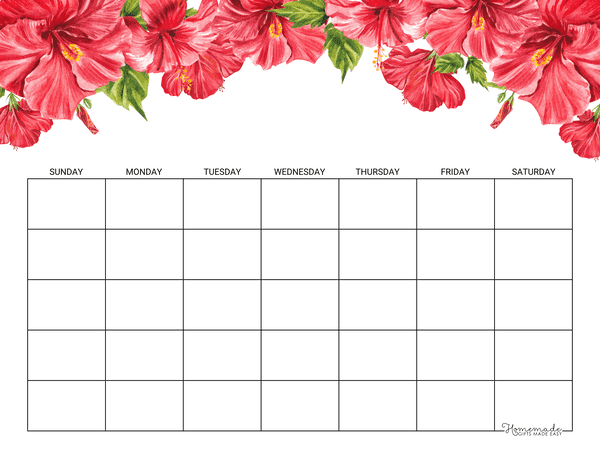 Blank Calendar Hibiscus 5 Row