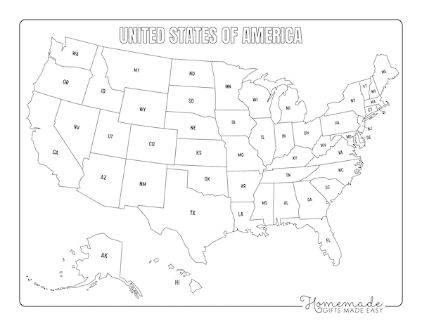 Blank Us Map Black White State Names Abbreviation