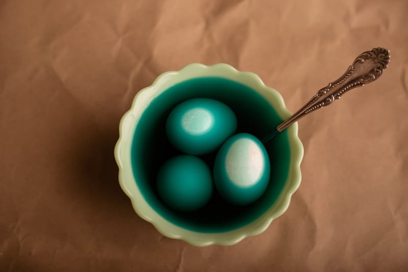 blue and green make dyed eggs teal