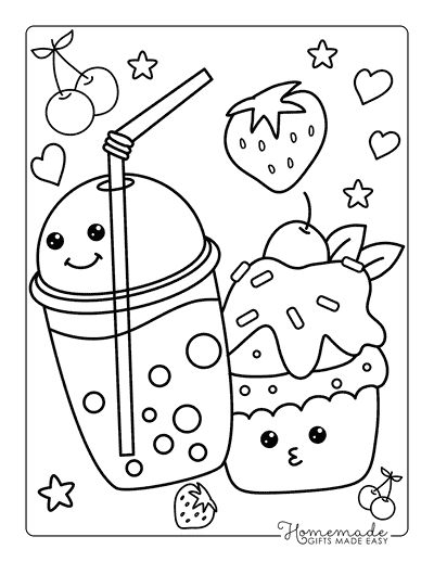 Boba Coloring Pages Cute Kawaii Boba Coloring Page With Berries and Cupcake