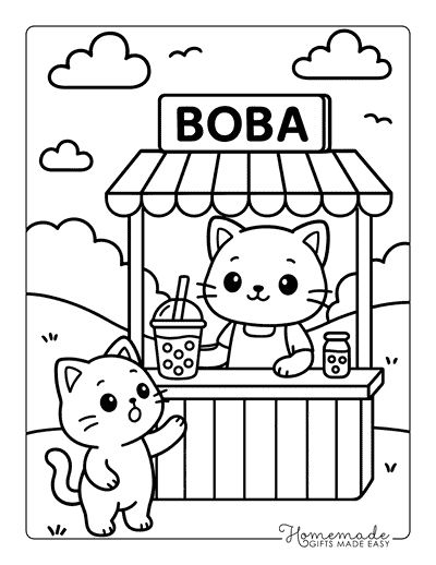 Boba Coloring Pages Cute Kawaii Cat Ordering Boba Outside