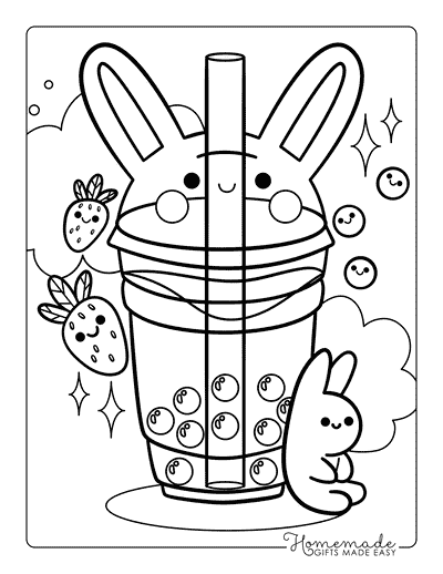 Boba Coloring Pages Kawaii Bunny Boba Cup With Strawberries