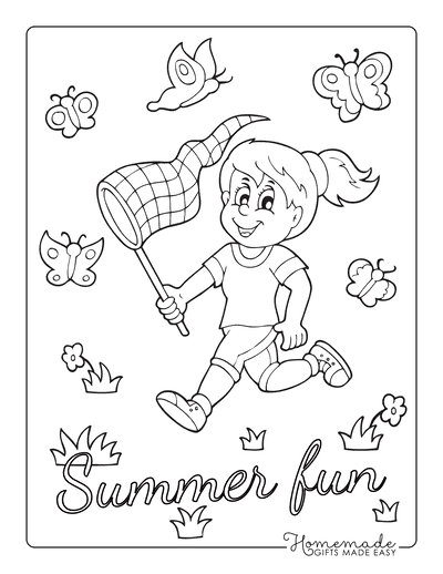 Butterfly Coloring Pages Cartoon Girl Catching Butterflies With Net