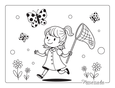 Butterfly Coloring Pages Cute Girl Catching Butterflies With Net