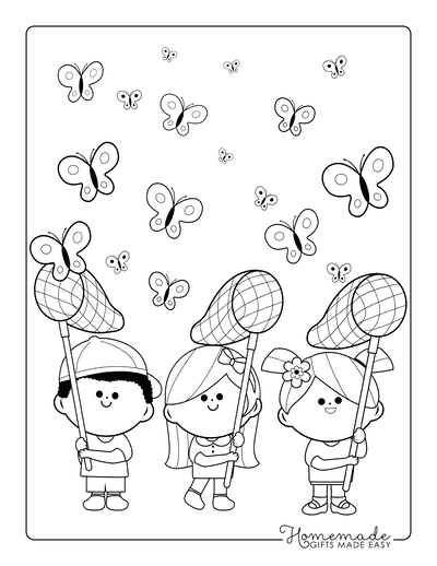Butterfly Coloring Pages Cute Kids Catching Butterflies With Nets