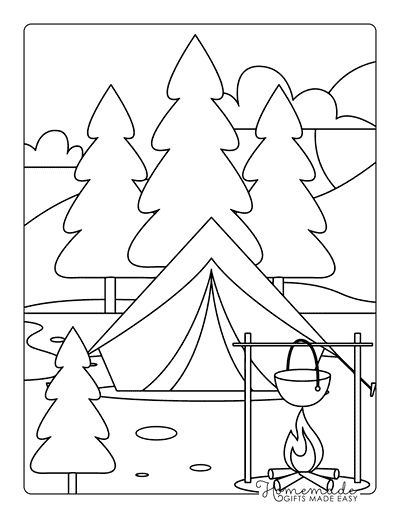Camping Coloring Pages Cooking Stew Over Campfire Forest Scene for Kids