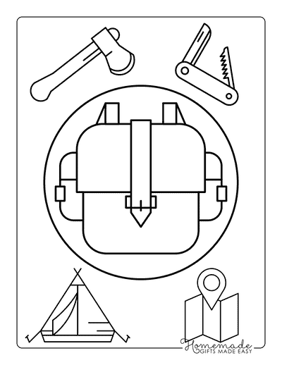 Camping Coloring Pages Easy Camping Backpack and Equipment for Preschool