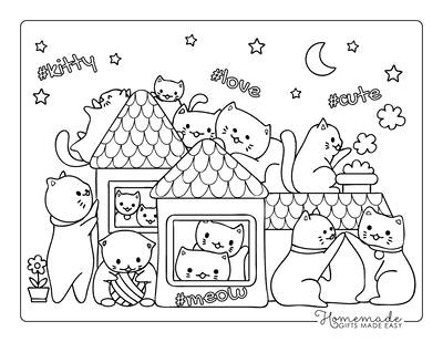 Cat Coloring Pages Cute Cartoon Cats Playing House