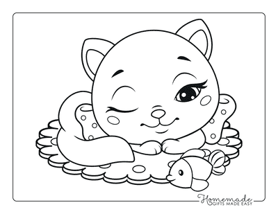 Cat Coloring Pages Cute Cat Sleeping Toy Fish