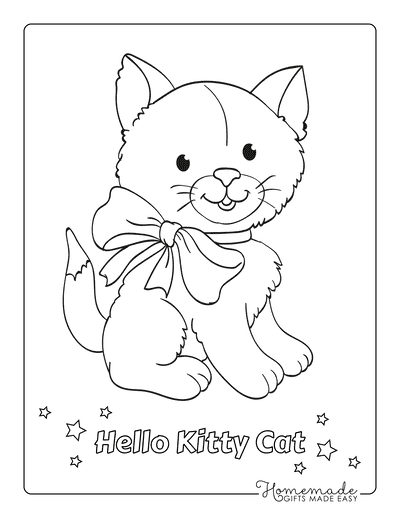 Cat Coloring Pages Cute Fluffy Cat With Bow