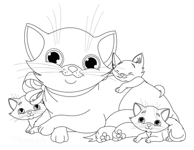 Cat Coloring Pages Cute Mother Cat With Kittens