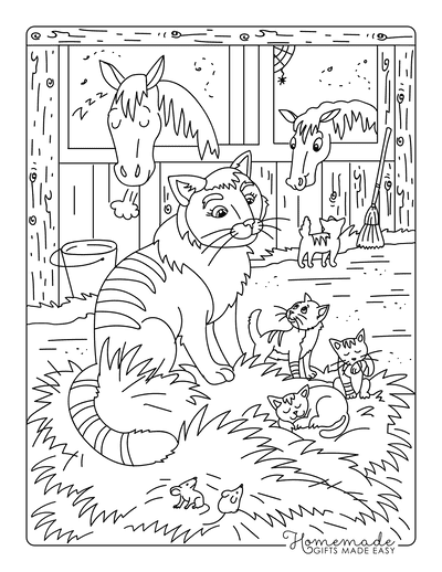 Cat Coloring Pages Farm Cat Kittens Mice Horses