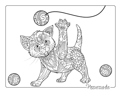 Cat Coloring Pages Kitten Playing Ball Detailed Pattern for Adults