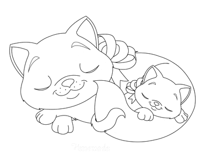 Cat Coloring Pages Mother and Kitten Sleeping With Bows