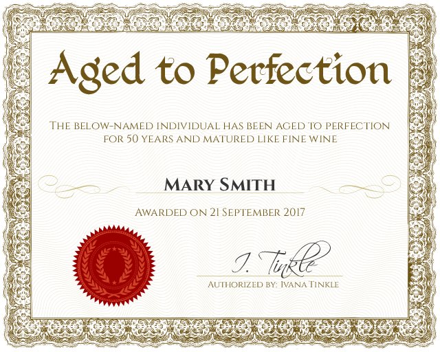 aged to perfection 50th or 60th birthday funny certificate template
