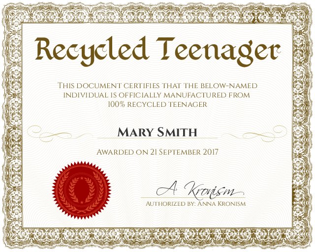 recycled teenager certificate template
