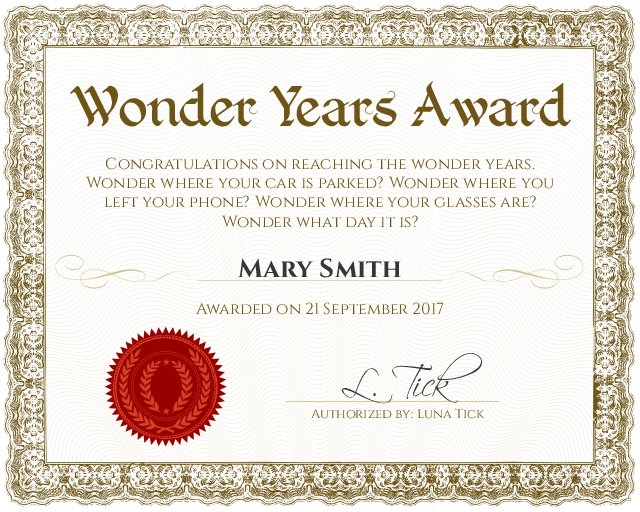 wonder years funny award certificate template for 50th or 60th birthday