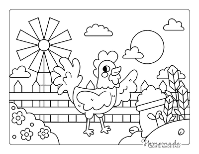 Chicken Coloring Pages Easy Cartoon Rooster Drawing on Farm With Windmill to Color