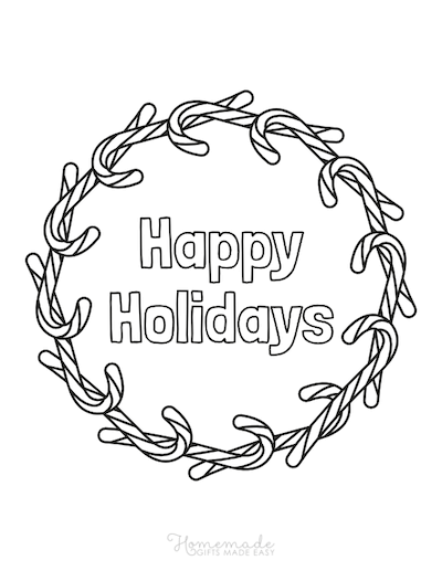 Christmas Coloring Pages Candy Cane Wreath Happy Holidays
