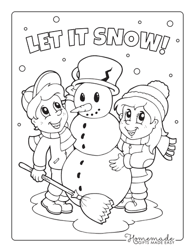 Christmas Coloring Pages Children Build a Snowman