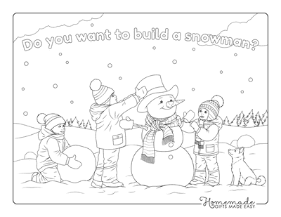 Christmas Coloring Pages Children Building Snowman