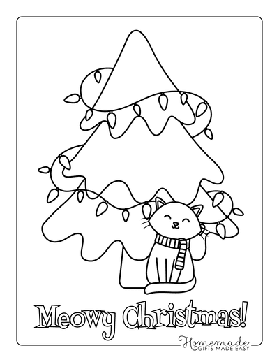Christmas Coloring Pages Cute Cat Tree Lights