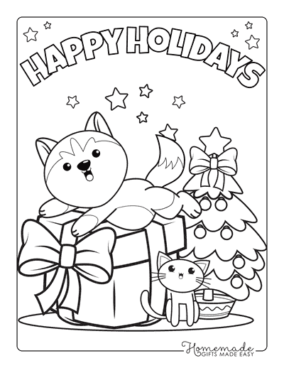 Christmas Coloring Pages Cute Dog and Cat Holiday Gift