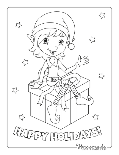 Christmas Coloring Pages Cute Elf Gift Box