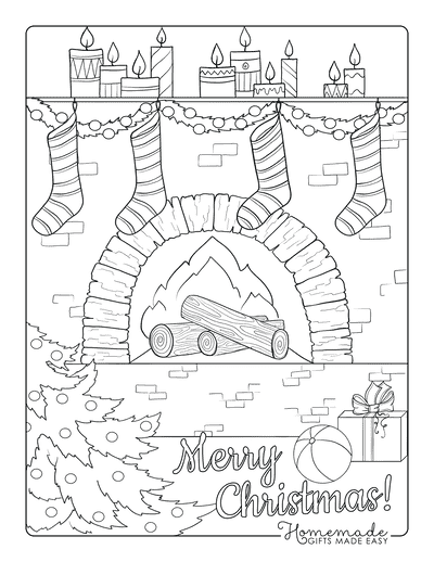 Christmas Coloring Pages Fireside Tree Gifts Stockings