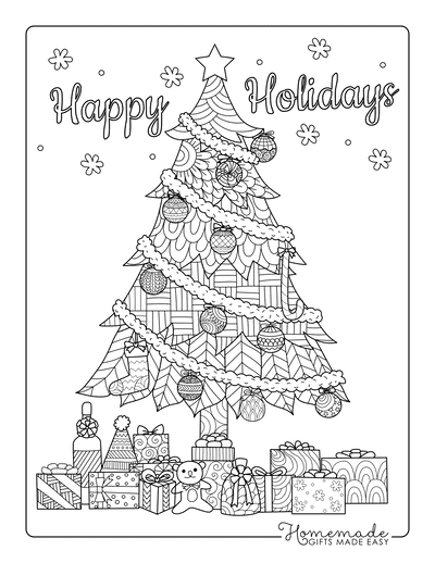 Christmas Coloring Pages for Adults Decorated Tree Gifts Intricate Pattern