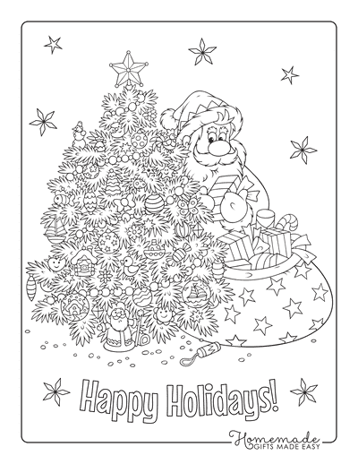 Christmas Coloring Pages for Adults Decorated Tree Santa Delivering Gifts