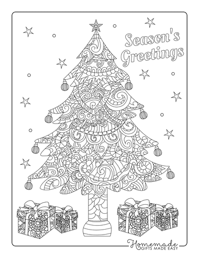 Christmas Coloring Pages for Adults Decorated Tree With Wrapped Gifts Intricate Doodle