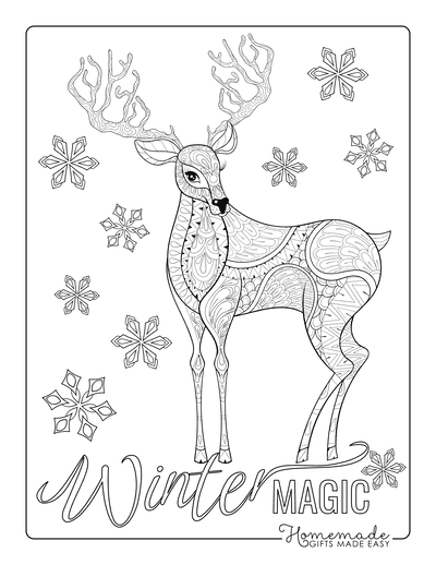 Snowflake Coloring Page Deer Stag Falling Snow